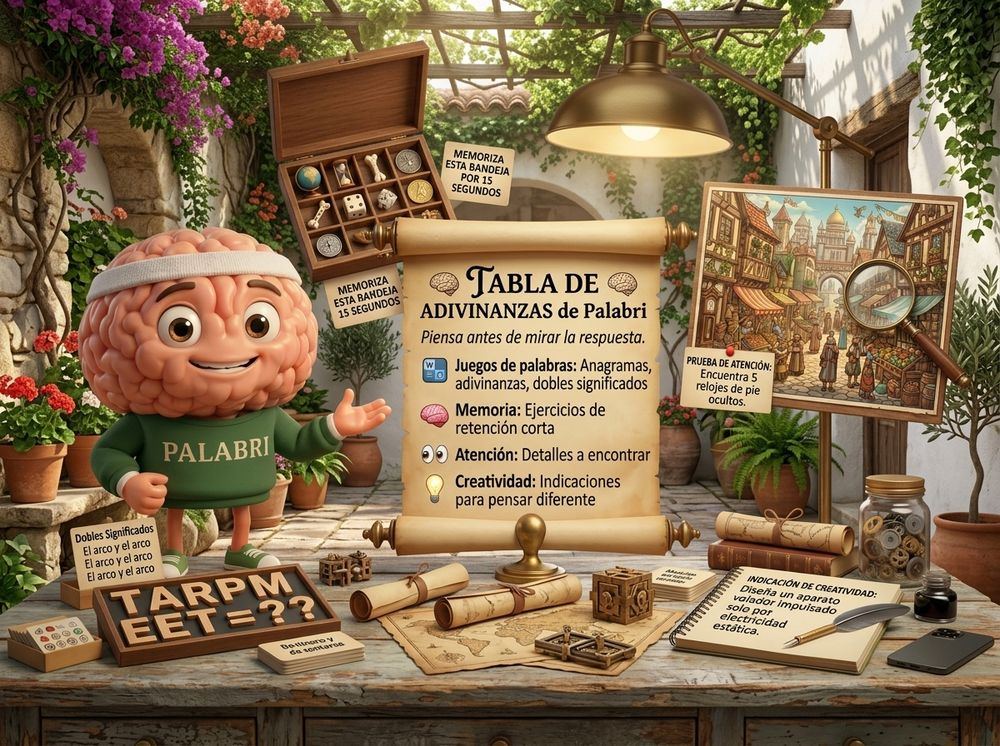 Palabri junto a su mesa de adivinanzas: anagramas, ejercicios de memoria, pruebas de atención y consignas de creatividad